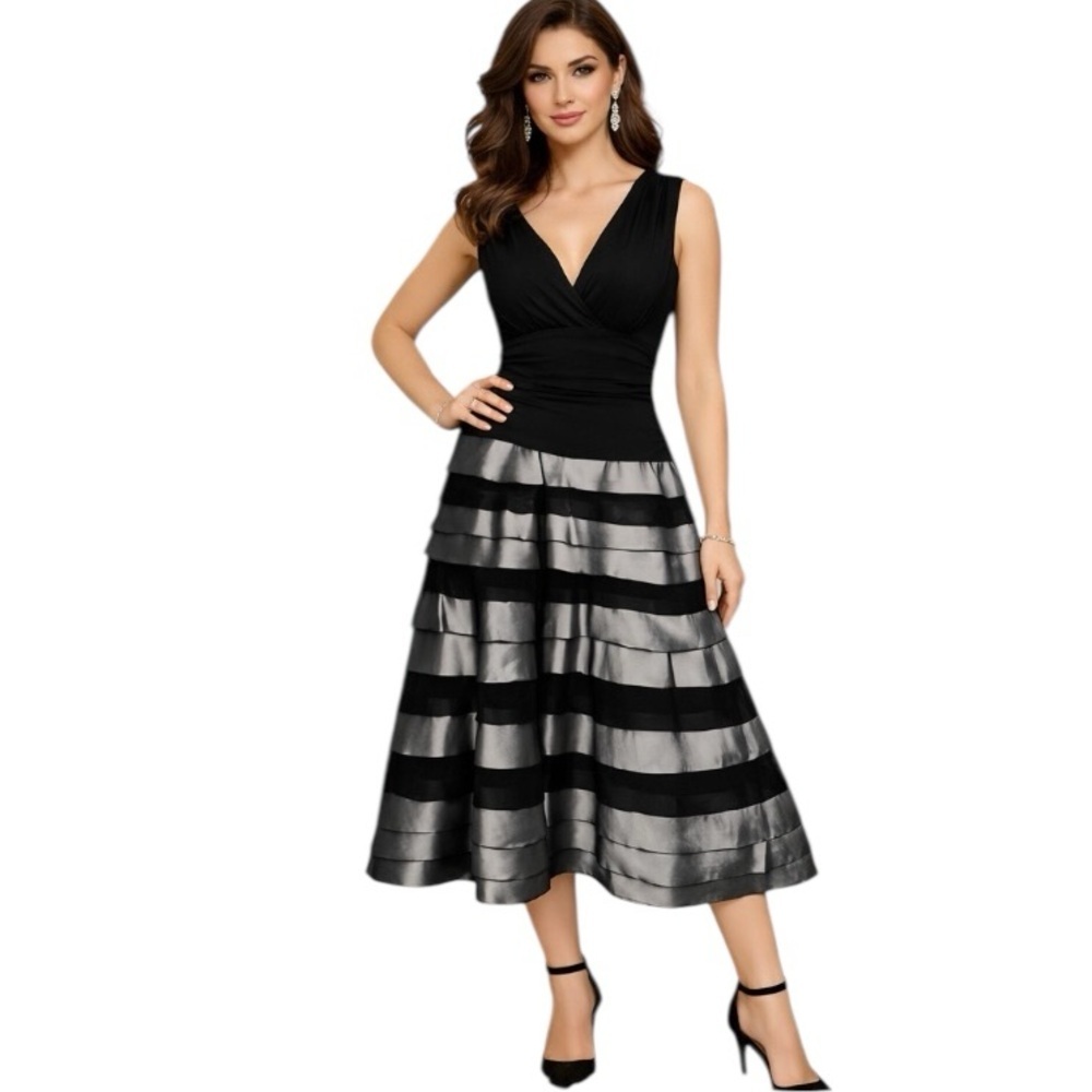 SL Fashions Classic Black & Gray Night Out Tiered Midi Cocktail Dress Size 8